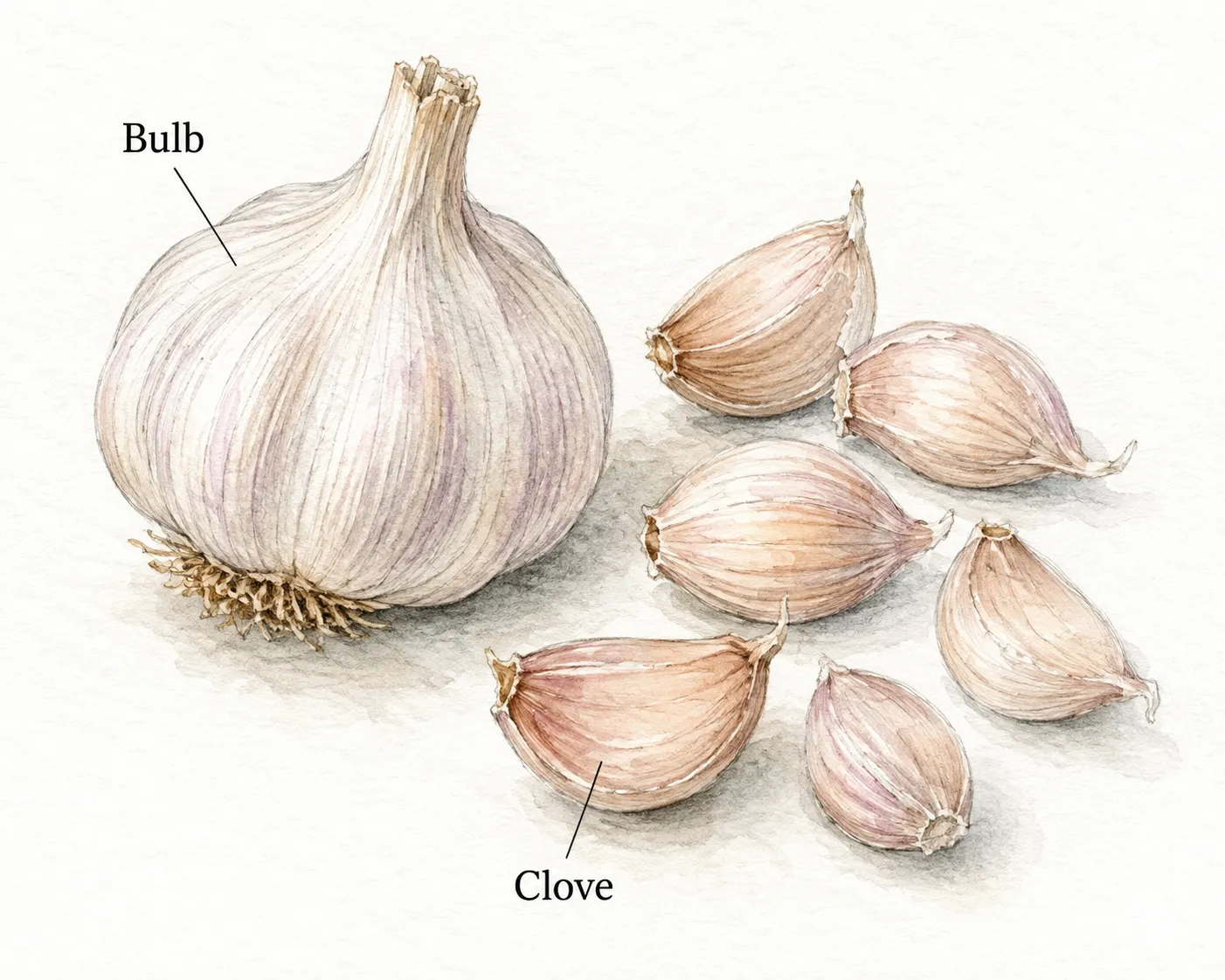 A whole garlic bulb beside six loose cloves. The intact head is labeled Bulb; one separated clove is labeled Clove.