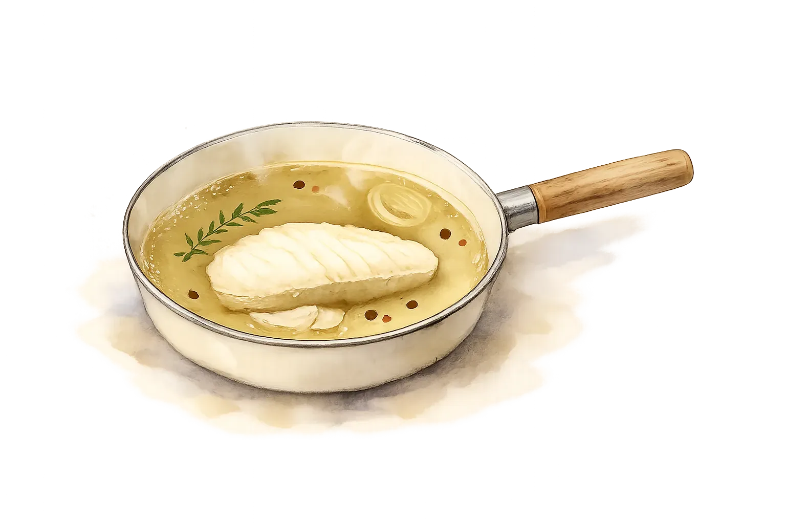 A chicken breast submerged in pale poaching liquid in a shallow pan, with a bay leaf, a slice of onion, and whole peppercorns visible in the liquid.