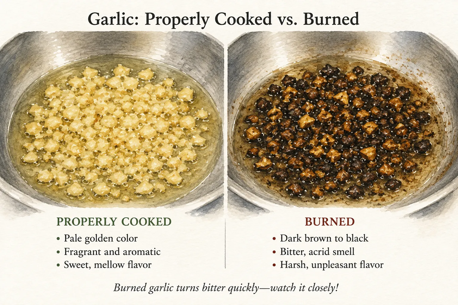 Two pans of minced garlic side by side. Properly cooked: pale golden, fragrant and aromatic, sweet and mellow. Burned: dark brown to black, with a bitter acrid smell and a harsh, unpleasant flavor.