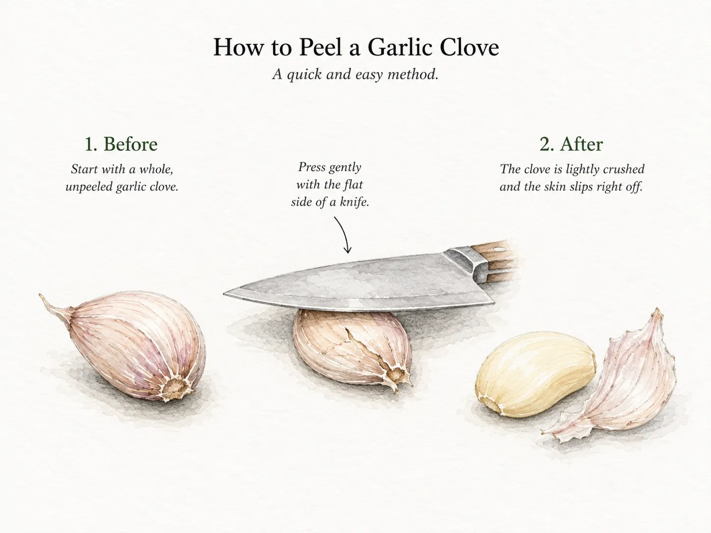Peeling a clove in two steps. Before: a whole unpeeled clove. The flat side of a chef's knife presses down gently on it. After: the clove is lightly crushed and the skin slips right off.
