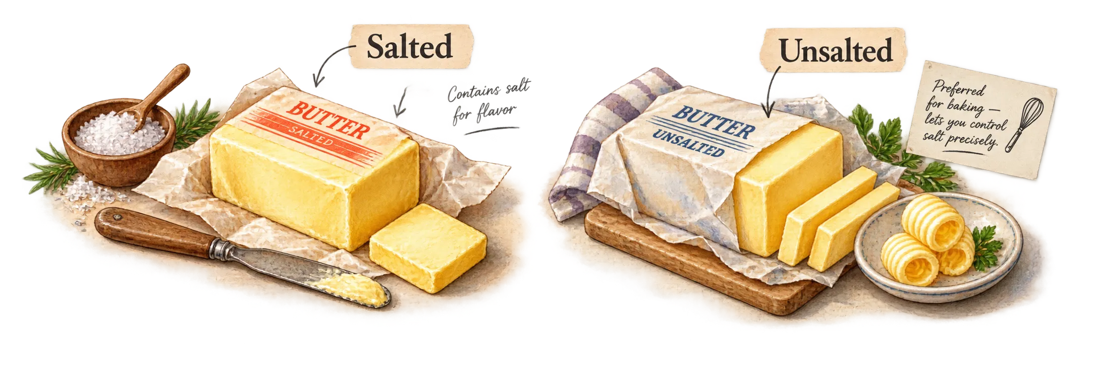 Two blocks of butter side by side. Left, labeled 'Salted': a block wrapped in parchment printed 'BUTTER SALTED' beside a knife and a bowl of coarse salt, with a small handwritten note reading 'Contains salt for flavor.' Right, labeled 'Unsalted': a block wrapped in paper printed 'BUTTER UNSALTED' with several slices cut and butter curls on a small plate, beside a card reading 'Preferred for baking -- lets you control salt precisely,' illustrated with a whisk.