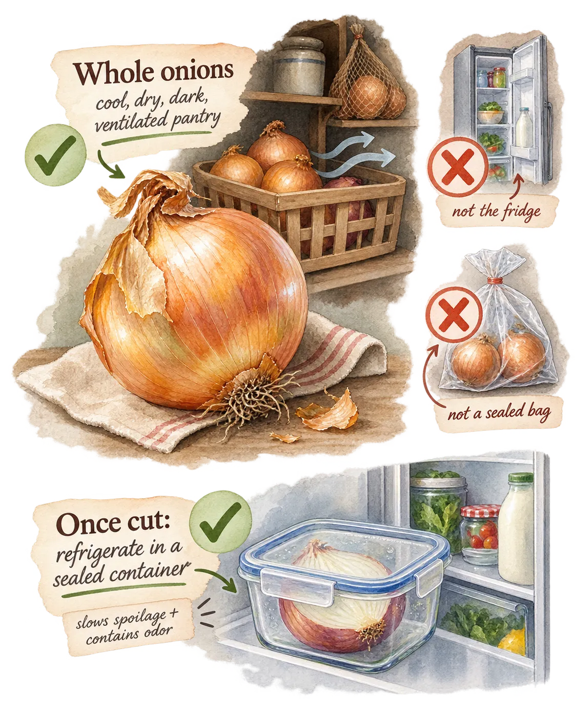 An onion storage infographic. Left: a large whole onion on a cloth in front of a basket of more onions on a pantry shelf, labeled 'Whole onions: cool, dry, dark, ventilated pantry' with a checkmark. Right, top: an open refrigerator marked with a red X and 'not the fridge.' Right, middle: onions sealed in a plastic bag marked with a red X and 'not a sealed bag.' Bottom: a halved onion in a sealed container on a refrigerator shelf, labeled 'Once cut: refrigerate in a sealed container -- slows spoilage + contains odor' with a checkmark.