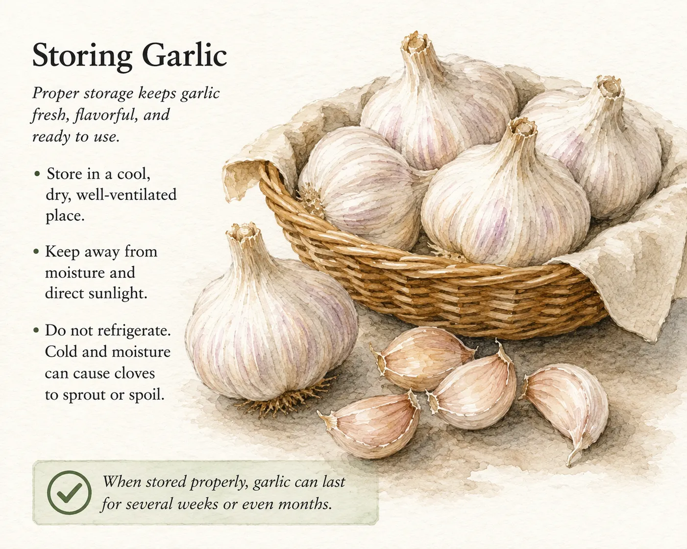 Garlic bulbs in a cloth-lined basket. Store in a cool, dry, well-ventilated place; keep away from moisture and direct sunlight; do not refrigerate, since cold and moisture can cause cloves to sprout or spoil. Stored properly, garlic keeps for several weeks or even months.