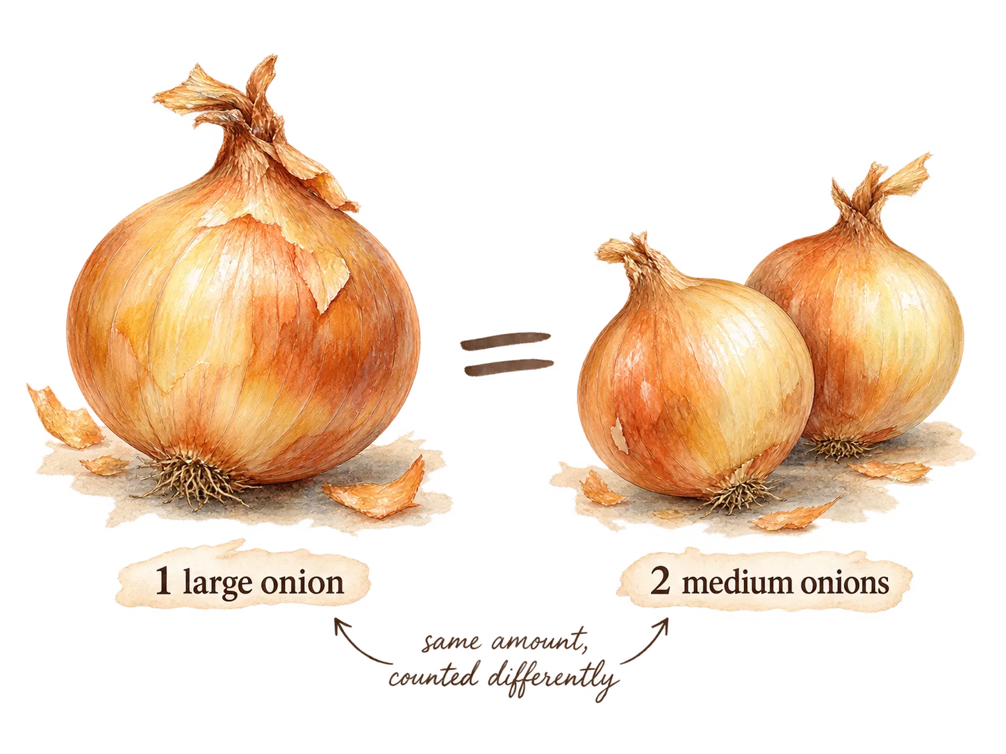 One large onion labeled '1 large onion' beside two smaller onions labeled '2 medium onions,' connected by an equals sign and captioned 'same amount, counted differently.'