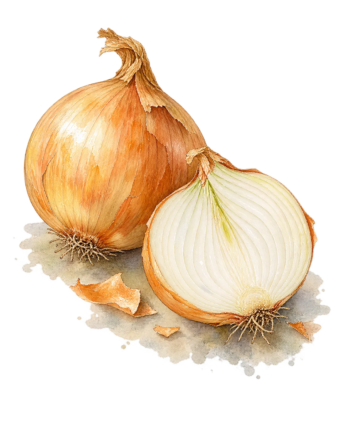 A whole yellow onion beside its own half, cut top to bottom, showing the papery gold-brown skin and the layered white rings inside.